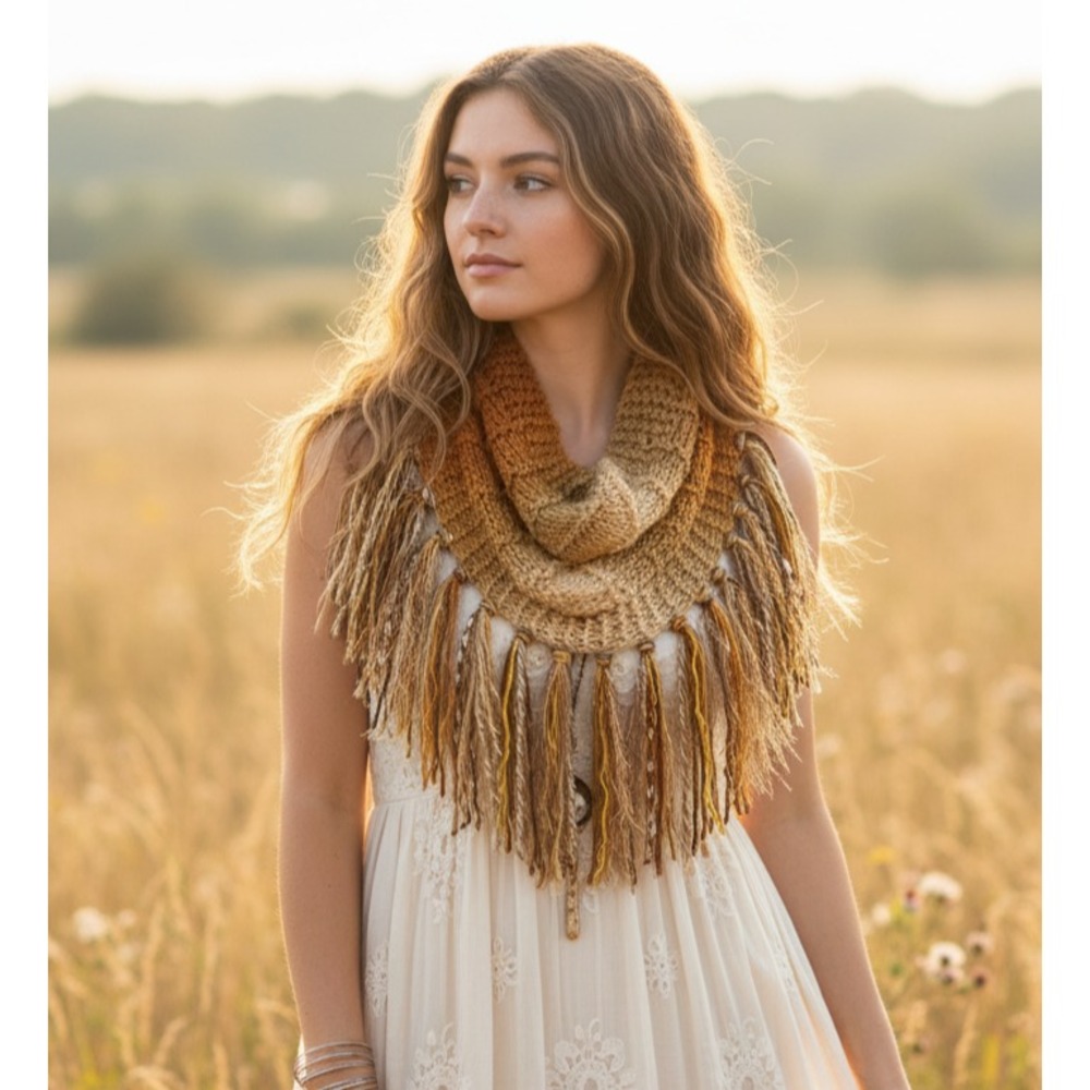 NEW Hand Knitted Brown Orangeโ Ombre Boho Cowl Scarf Fringe Earthy Hippie Artsy